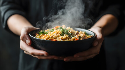 Person holds steaming bowl of ramen, filled with noodles, vegetables, and garnished with herbs. warm dish emits inviting aroma