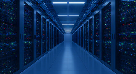 Long view down a server room hallway with blue lighting