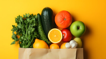 Paper bag filled with fresh fruits and vegetables, including oranges, lemons, apples, and greens, against vibrant yellow background