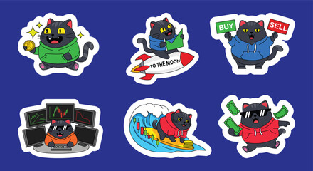 Obraz premium Cartoon cats in various financial activities, including trading, investing, and selling.