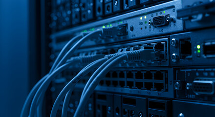 Close-up of network server racks with cables and lights