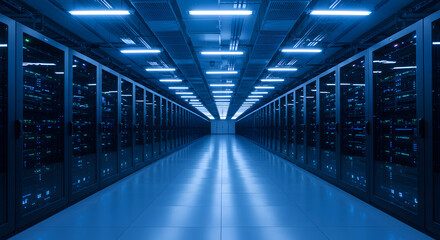Interior of a server room with rows of racks and blue lighting