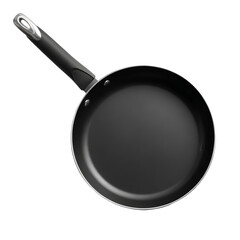 A black non stick frying pan with a black handle and silver accents isolated on transparent background