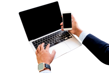 hand holding mobile phone and typing laptop with transparent background