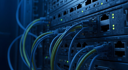 Close-up of server racks with cables and indicator lights