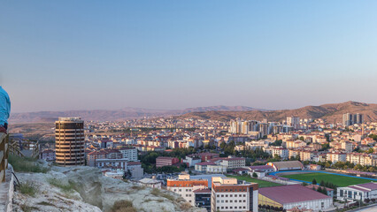 Aerial view from old castle in historical city town of Nevsehir timelapse