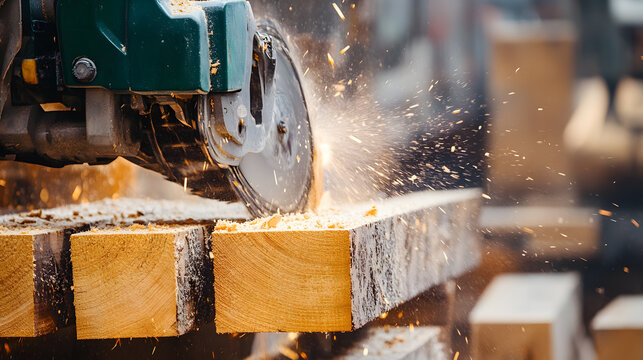 Industrial chainsaw cutting timber with sparks flying, showcasing woodworking precision and power
