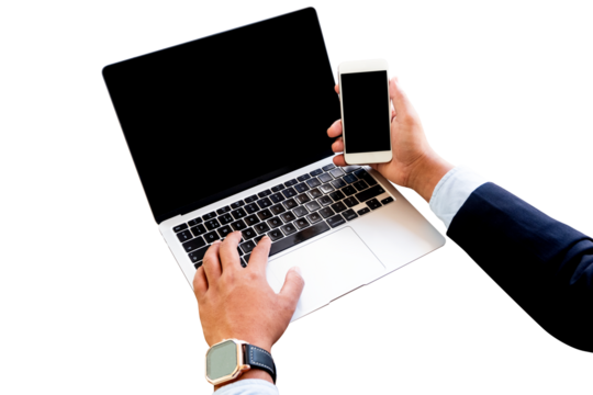 hand holding mobile phone and typing laptop with transparent background