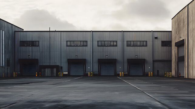 Industrial warehouse exterior with loading docks and empty parking lot, under cloudy sky