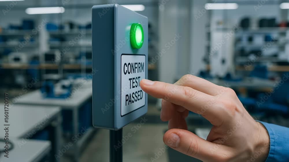 Poster startup button press engineering lab technology hand control panel green light confirmation test pas