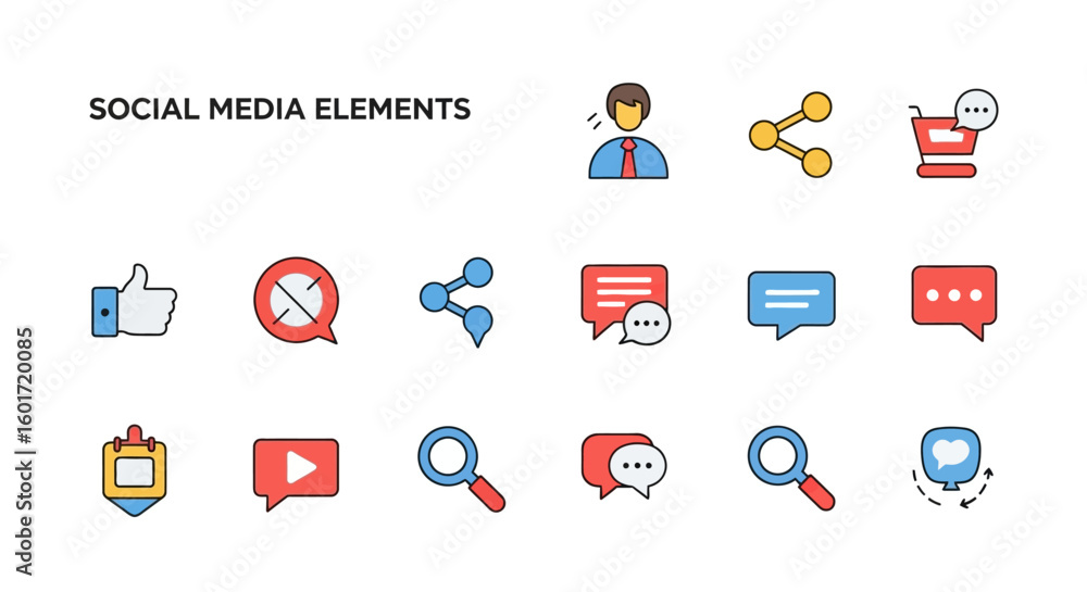 Wall mural a collection of colorful flat line icons representing social media elements and user interface symbo