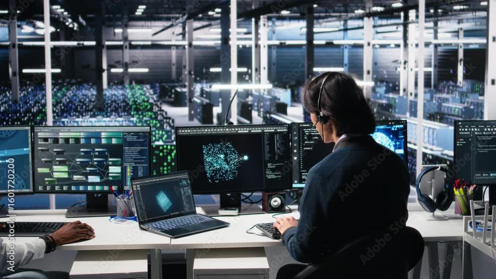 Poster data center system administrator using ai assistant to provide user technical support. server room i