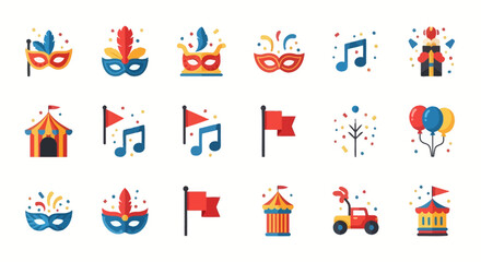 Naklejka premium Celebration Icons Colorful Carnival Symbols for Festive Designs, Party Elements, and Event Graphics