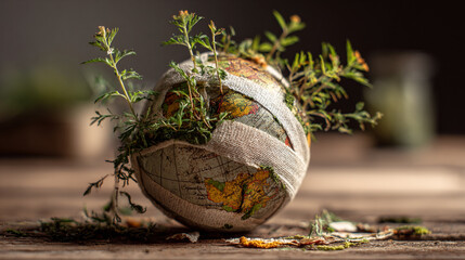 a broken globe being repaired with bandages and plants growing from the cracks