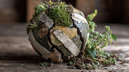 a broken globe being repaired with bandages and plants growing from the cracks