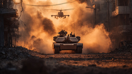 a modern tank advancing through smoke and debris with helicopters overhead in an urban war zone