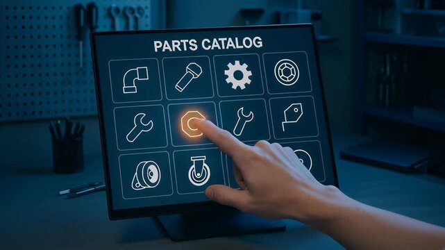 Touchscreen parts catalog combining mechanical component selection with hand interaction in engineering lab for startup technical project environment