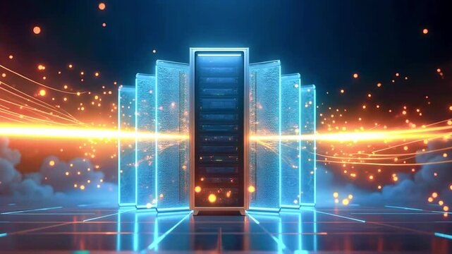 Futuristic data center with glowing servers and dynamic light trails, showcasing advanced technology - Powered by Adobe