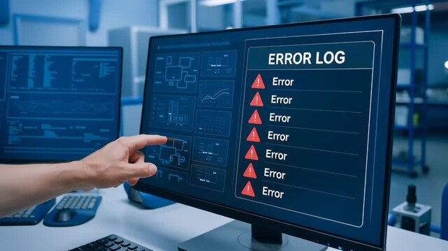 Startup engineering lab computer screen displaying error log and warning signs with hand pointing at alert icons in technology workspace environment