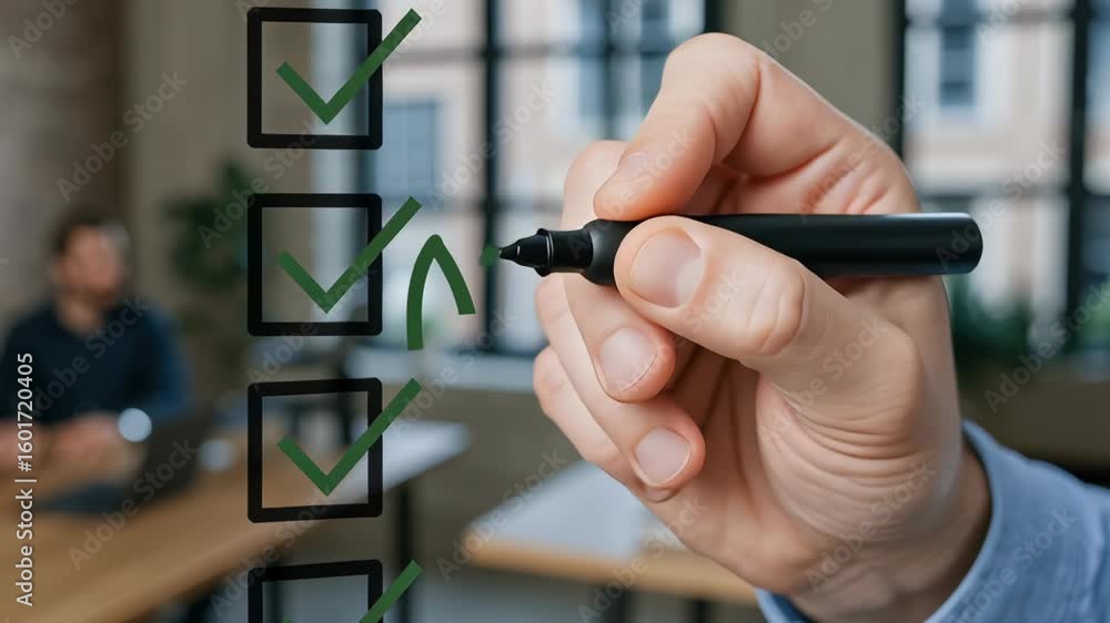 Aufkleber hand holding marker ticking checklist in startup engineering lab with team working in office backgro