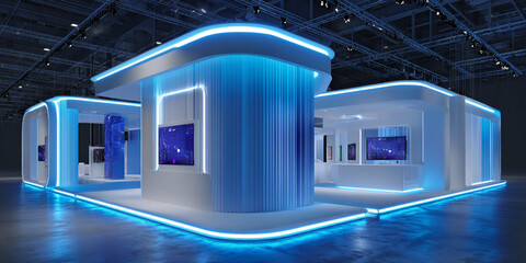 3D illustration of a modern technology exhibition booth with glowing LED panels, curved walls, and interactive touchscreen displays in a convention hall