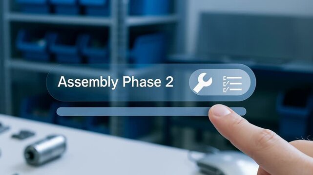 Startup engineering lab assembly phase 2 progress with hand pointing at finger on virtual interface and mechanical parts in workshop environment