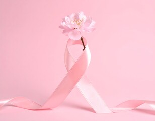 Light pink breast cancer ribbon with cherry blossom flower and stem placed vertically on soft pastel background
