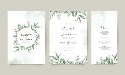 Wedding invitation card template set with watercolor leaves