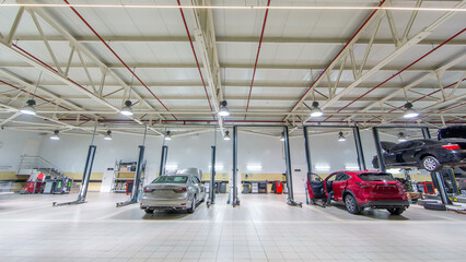 Cars moves on lifts in modern service station and men repair cars timelapse.