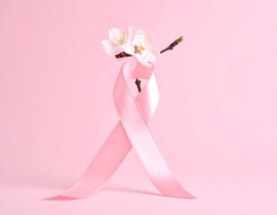 Light pink breast cancer ribbon with cherry blossom flower and stem placed vertically on soft pastel background
