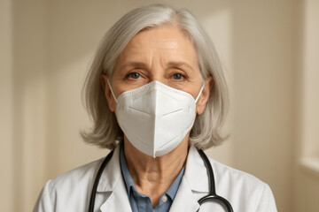 Confident senior female doctor with stethoscope and protective face mask looking at camera in medical clinic