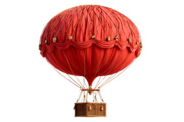 Classic Red Hot Air Balloon with Wicker Basket, Front View with Symmetrical Canopy, Isolated on Transparent Background