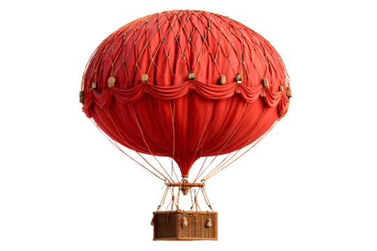Classic Red Hot Air Balloon with Wicker Basket, Front View with Symmetrical Canopy, Isolated on Transparent Background - Powered by Adobe
