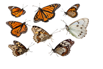 Vibrant collection of diverse butterflies showcasing intricate patterns and natural beauty for creative projects on transparent background, Png