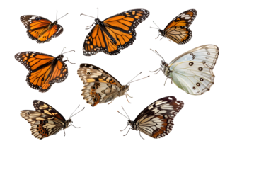 Vibrant collection of diverse butterflies showcasing intricate patterns and natural beauty for creative projects on transparent background, Png