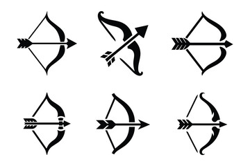 Set of Bow and Arrow Vector Icons – Traditional Archery Silhouettes for Hunting, Target Practice, Sport and Medieval Weapon Design