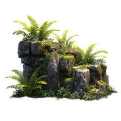 mossy jungle boulder with tropical ferns isolated on transparent background