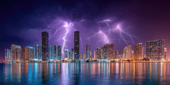 City skyline at night with dramatic lightning