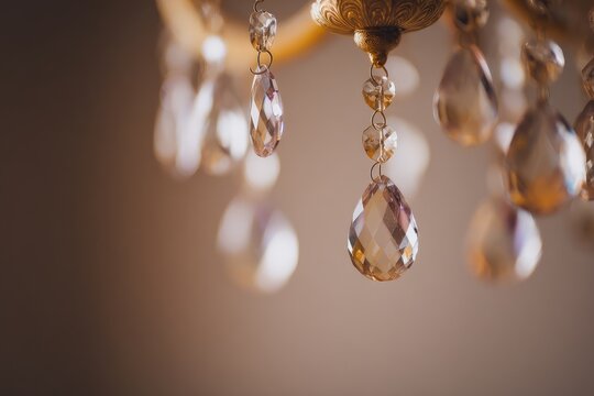 Close-up of a crystal chandelier.  Golden metal, teardrop-shaped crystals