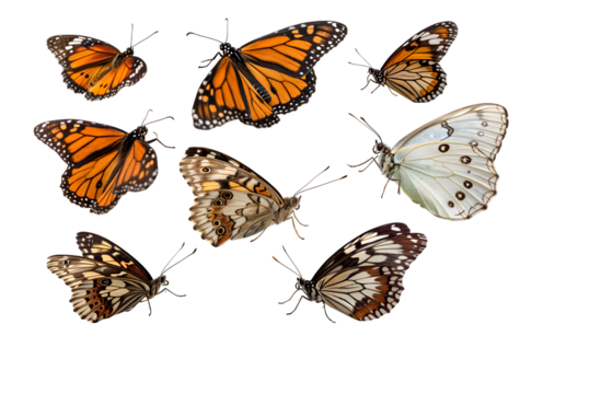 Vibrant collection of diverse butterflies showcasing intricate patterns and natural beauty for creative projects on transparent background, Png