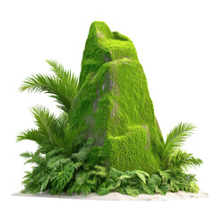 realistic moss-covered stone with tropical ferns isolated on transparent background