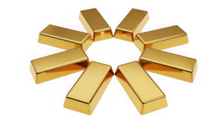 Shiny gold bars arrangement wealth concept isolated on transparent background