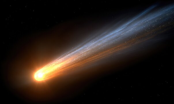Fiery comet streaks across dark space