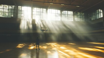 A person stands on a basketball court with sunbeams streaming through large windows