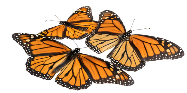 Vibrant monarch butterflies flutter with intricate wing patterns, symbolizing transformation and natural beauty on transparent background, Png