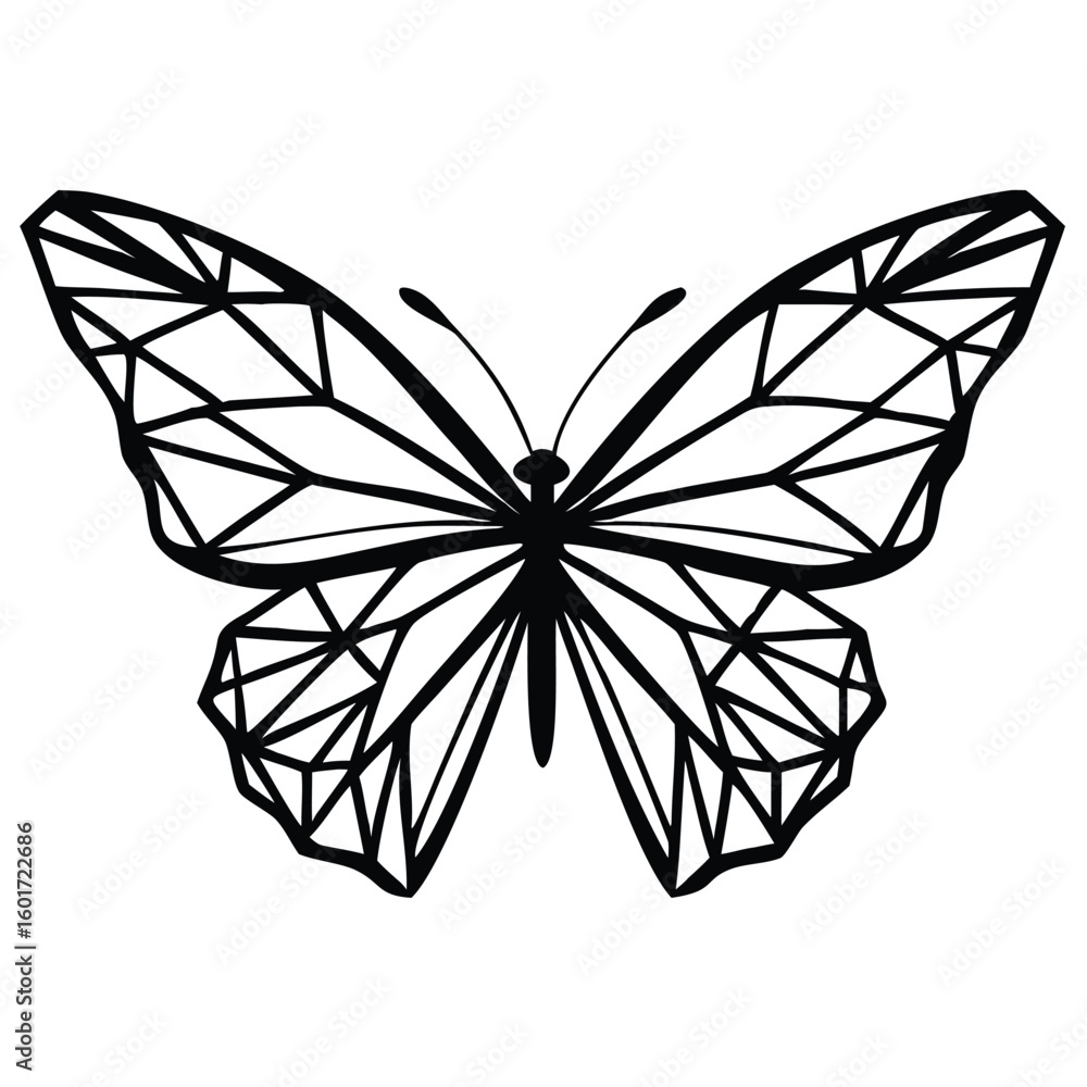 Poster geometric butterfly design an intricate black and white illustration with polygonal patterns and sym