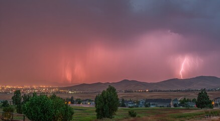 Stormy sunset over city and hills