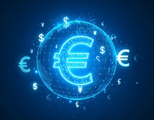 Digital illustration of glowing global currency symbols including euro dollar pound yen orbiting a digital world grid in futuristic neon blue environment
