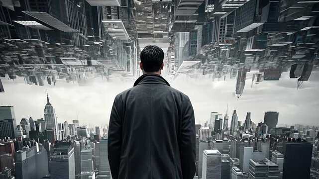 Man facing a surreal, upside-down city