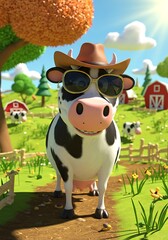 Fototapeta premium Cartoon cow with hat and sunglasses on farm